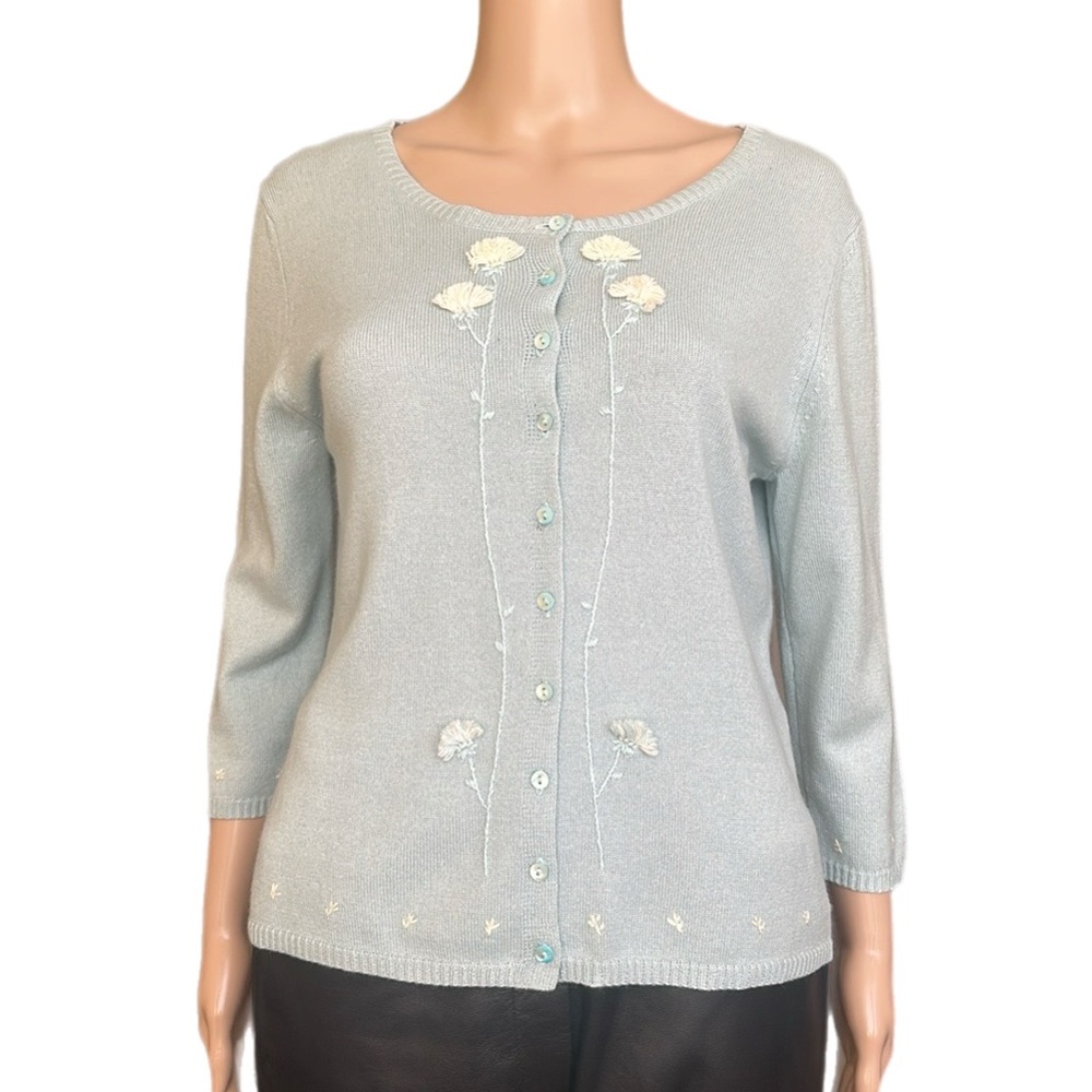 Belford Seafoam Silk Cashmere Cardigan w/ Flowers Applique Embroidery Size M